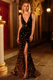 Sparkly Black Golden Sequin Beaded Mermaid V Neck Long Prom Dress