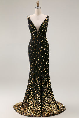 Sparkly Black Golden Beaded Mermaid V Neck Long Prom Dress