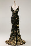 Sparkly Black Golden Beaded Mermaid V Neck Long Prom Dress