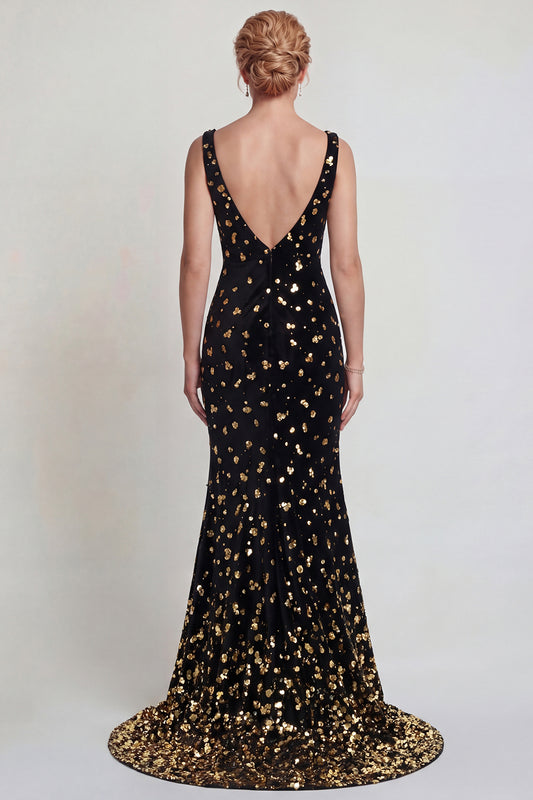 Sparkly Black and Gold Sequin Mermaid Long Mother of the Bride Dress with Slit