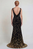 Sparkly Black and Gold Sequin Mermaid Long Mother of the Bride Dress with Slit