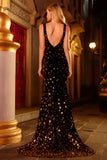 Sparkly Black Golden Sequin Beaded Mermaid V Neck Long Prom Dress