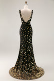 Sparkly Black Golden Beaded Mermaid V Neck Long Prom Dress