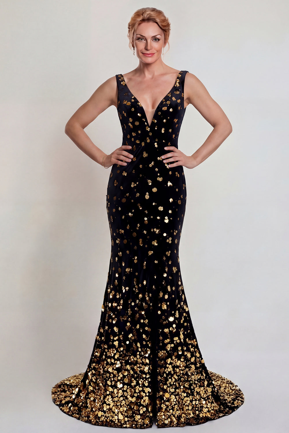 Sparkly Black and Gold Sequin Mermaid Long Mother of the Bride Dress with Slit