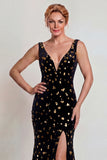 Sparkly Black and Gold Sequin Mermaid Long Mother of the Bride Dress with Slit