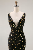 Sparkly Black Golden Beaded Mermaid V Neck Long Prom Dress