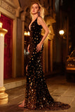 Sparkly Black Golden Sequin Beaded Mermaid V Neck Long Prom Dress