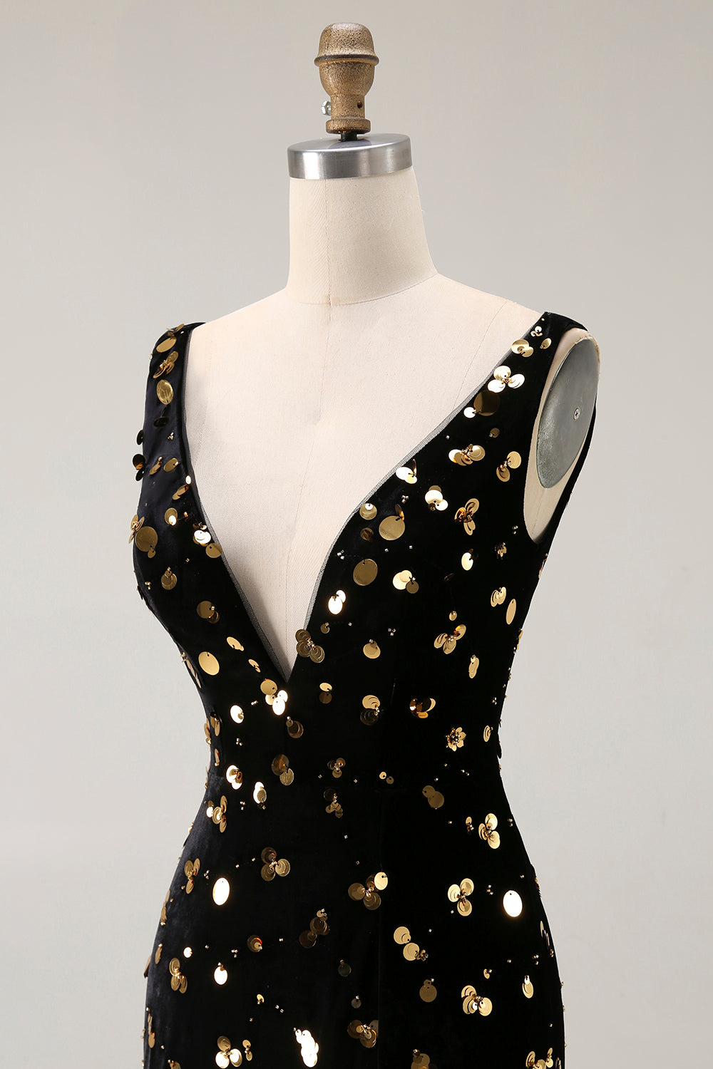 Sparkly Black Golden Beaded Mermaid V Neck Long Prom Dress