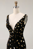Sparkly Black Golden Beaded Mermaid V Neck Long Prom Dress