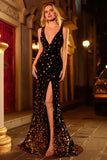 Sparkly Black Golden Sequin Beaded Mermaid V Neck Long Prom Dress