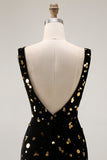 Sparkly Black Golden Beaded Mermaid V Neck Long Prom Dress