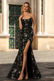 Sparkly Floral Blue Green Sequin Spaghetti Straps Long Prom Dress with Slit