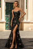 Sparkly Floral Black Purple Sequin Spaghetti Straps Long Prom Dress with Slit