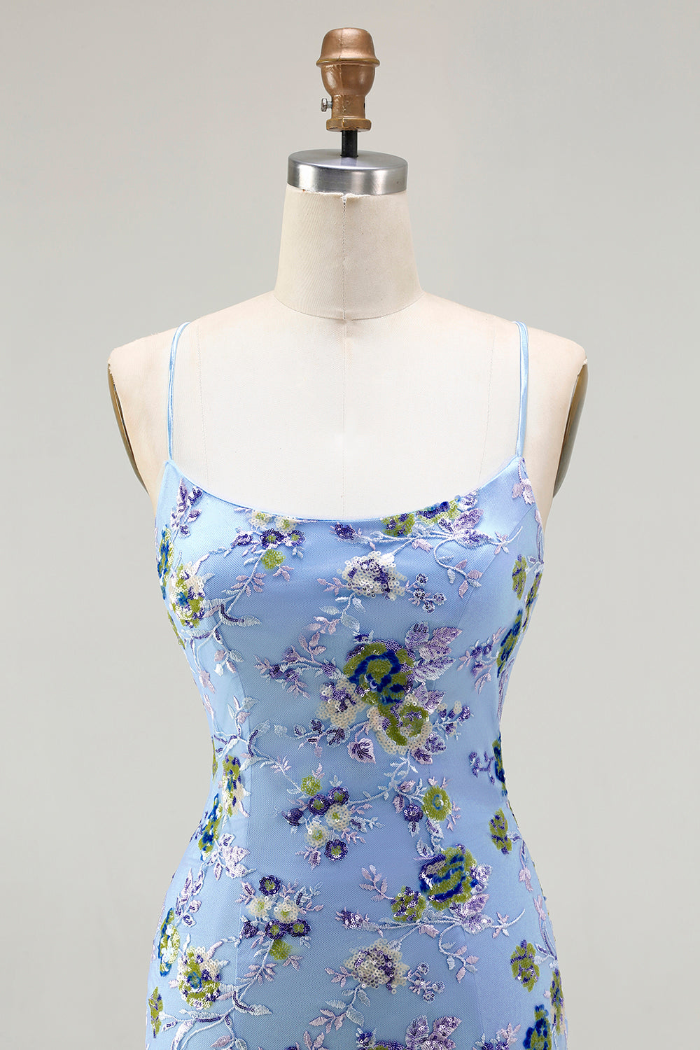 Sparkly Floral Blue Green Sequin Spaghetti Straps Long Prom Dress with Slit