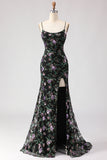 Sparkly Floral Black and Purple Sequin Mermaid Long Prom Dress with Slit