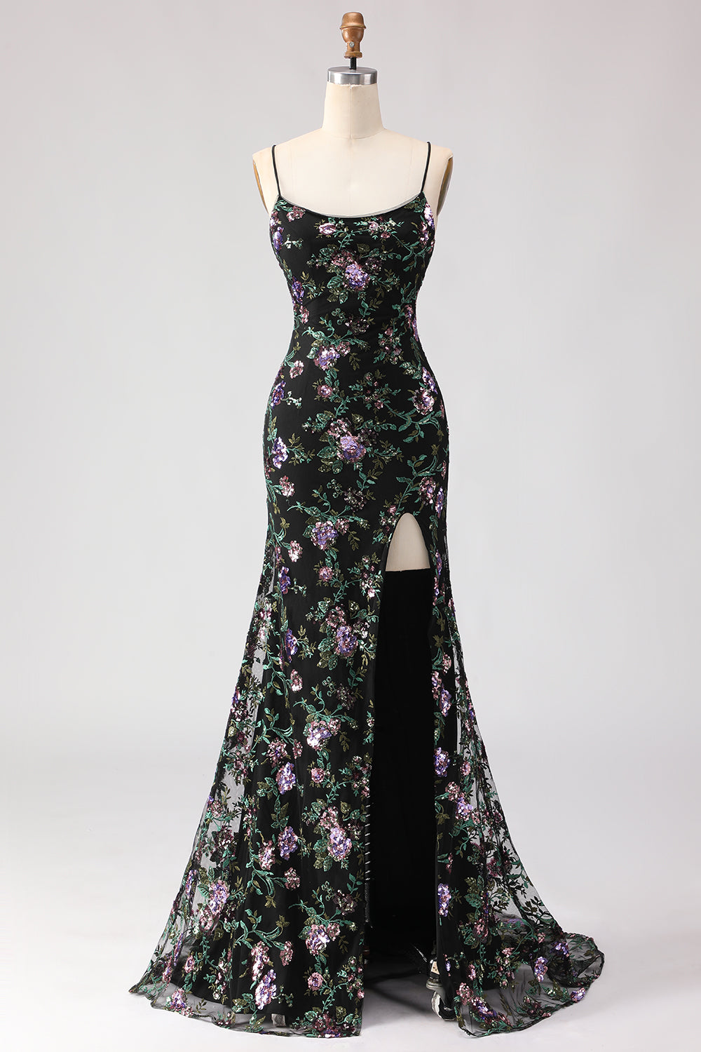 Sparkly Floral Black Purple Sequin Spaghetti Straps Long Prom Dress with Slit