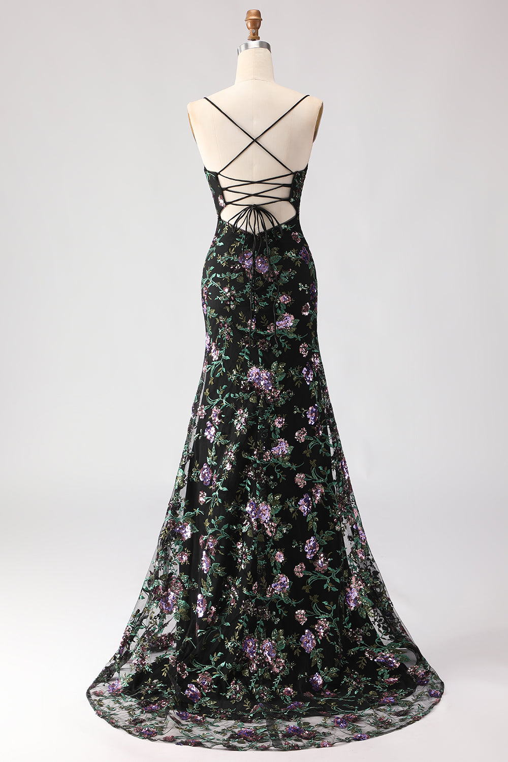 Sparkly Floral Black and Purple Sequin Mermaid Long Prom Dress with Slit