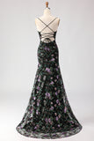 Sparkly Floral Black Purple Sequin Spaghetti Straps Long Prom Dress with Slit