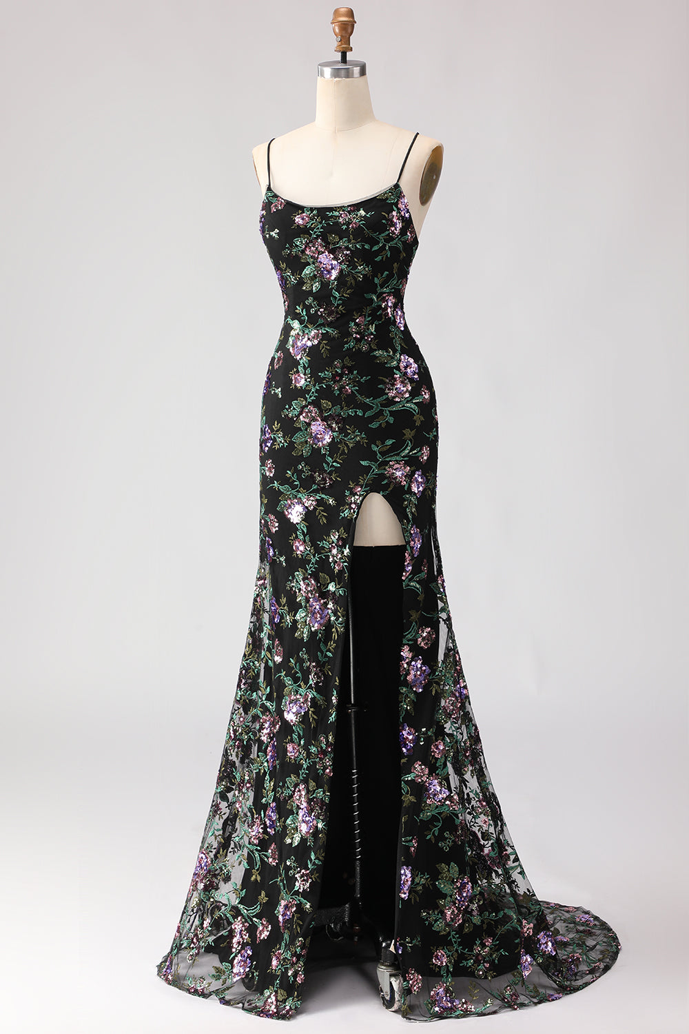 Sparkly Floral Black and Purple Sequin Mermaid Long Prom Dress with Slit