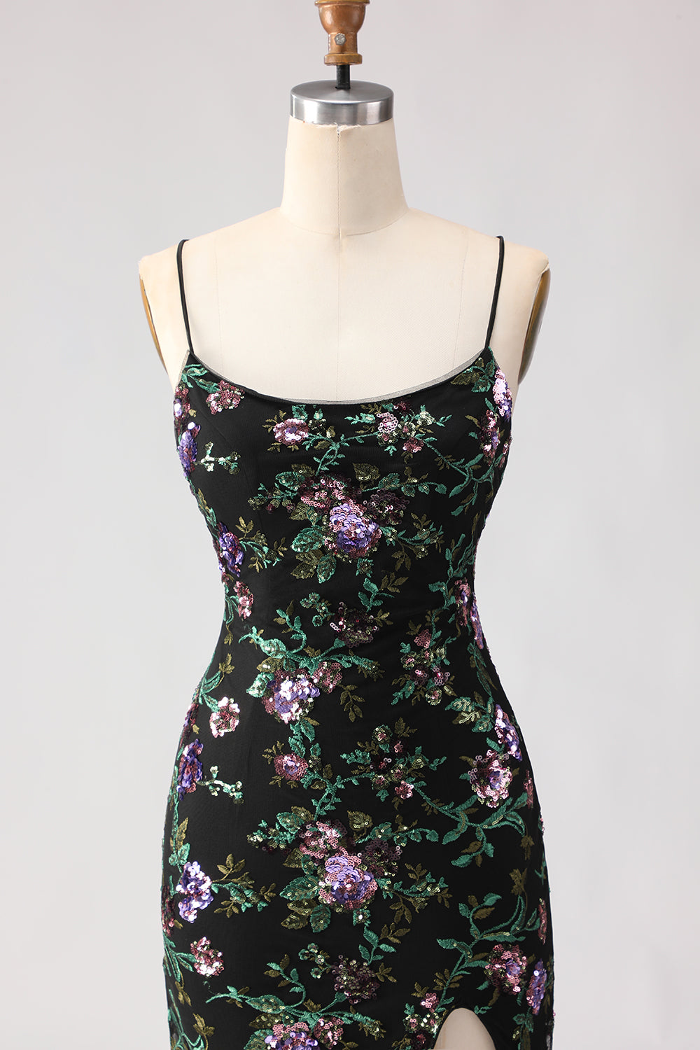 Sparkly Floral Black and Purple Sequin Mermaid Long Prom Dress with Slit