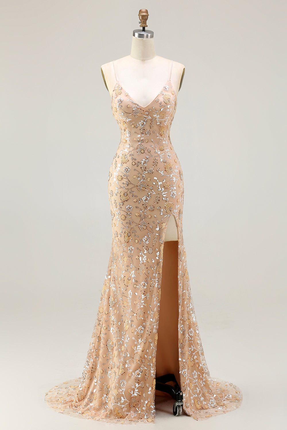 Sparkly Floral Purple Mermaid Spaghetti Straps Long Prom Dress with Slit