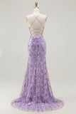 Sparkly Floral Purple Mermaid Spaghetti Straps Long Prom Dress with Slit