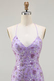 Sparkly Floral Purple Mermaid Spaghetti Straps Long Prom Dress with Slit