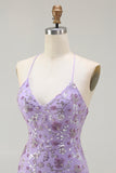 Sparkly Floral Purple Mermaid Spaghetti Straps Long Prom Dress with Slit