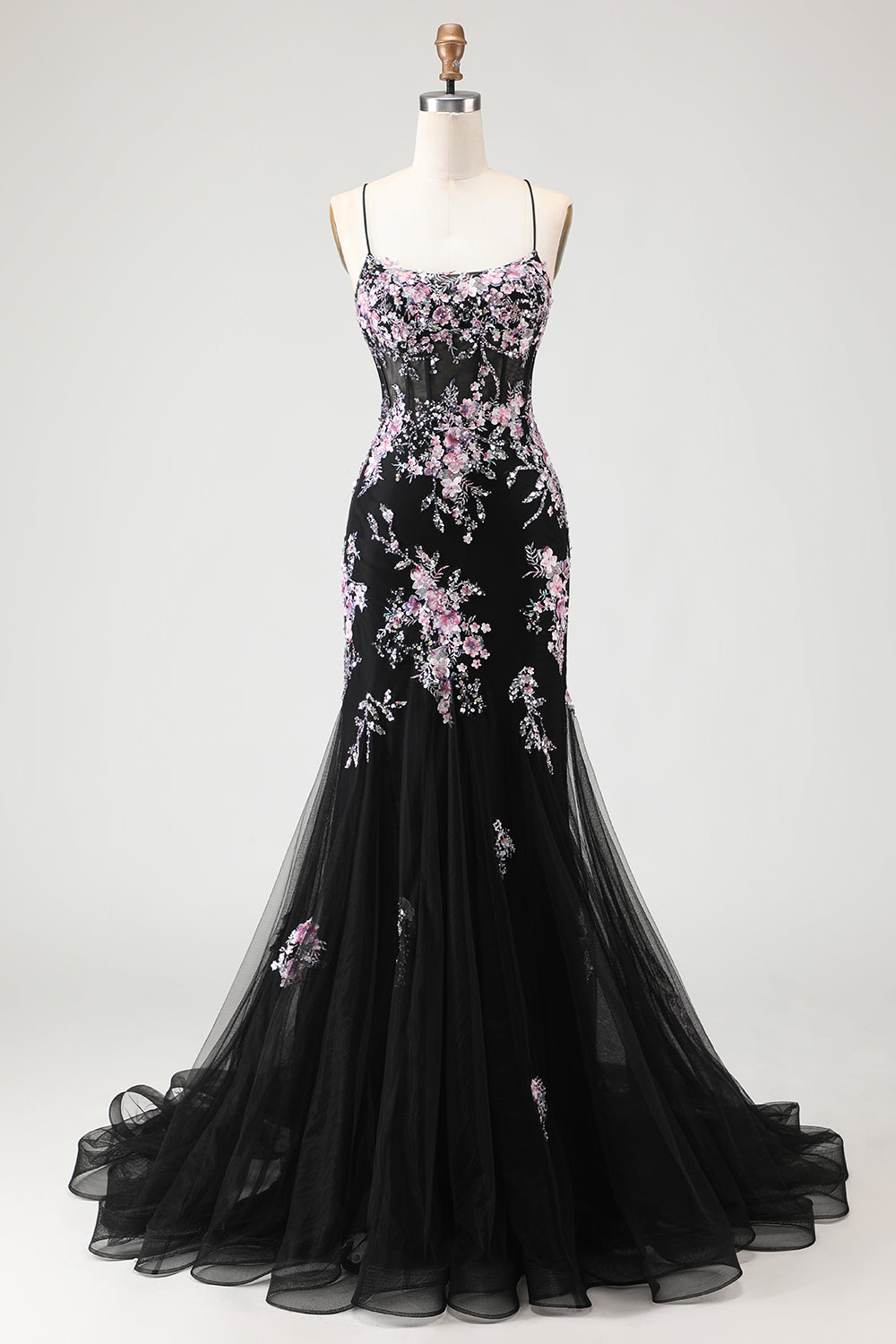 Sparkly Black and Pink Floral Mermaid Beaded Long Corset Prom Dress