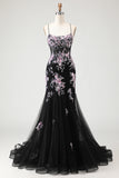 Sparkly Black and Pink Floral Mermaid Beaded Long Corset Prom Dress