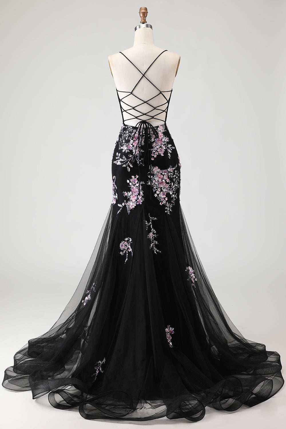 Sparkly Black and Pink Floral Mermaid Beaded Long Corset Prom Dress