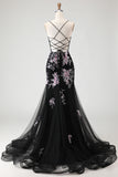 Sparkly Black and Pink Floral Mermaid Beaded Long Corset Prom Dress