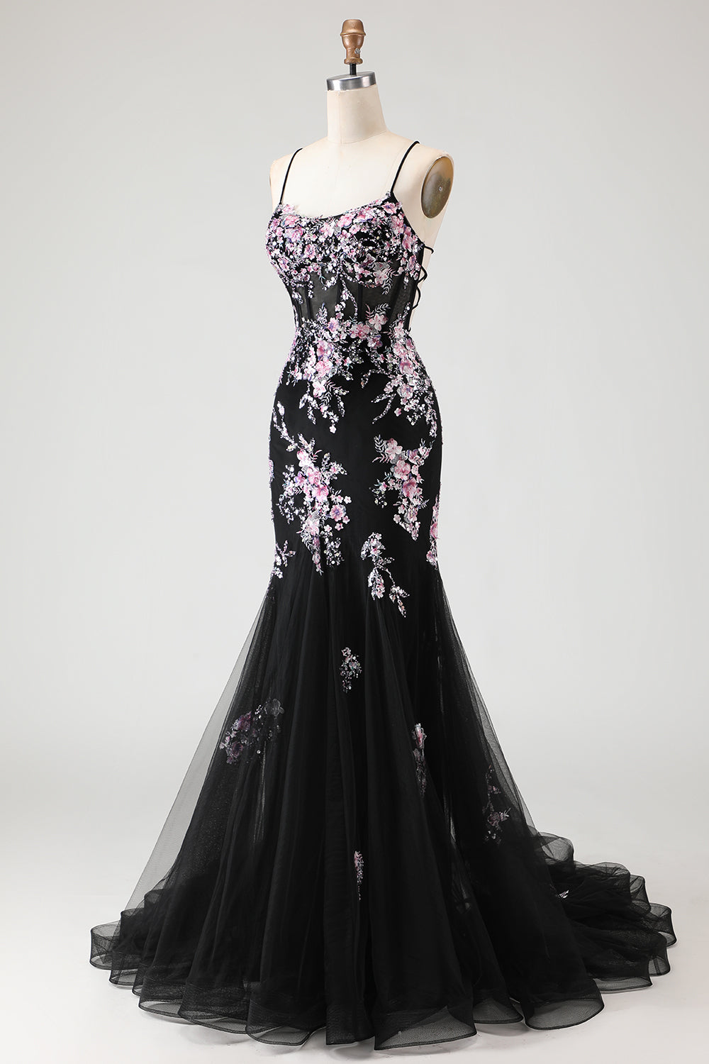 Sparkly Black and Pink Floral Mermaid Beaded Long Corset Prom Dress