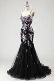 Sparkly Black and Pink Floral Mermaid Beaded Long Corset Prom Dress