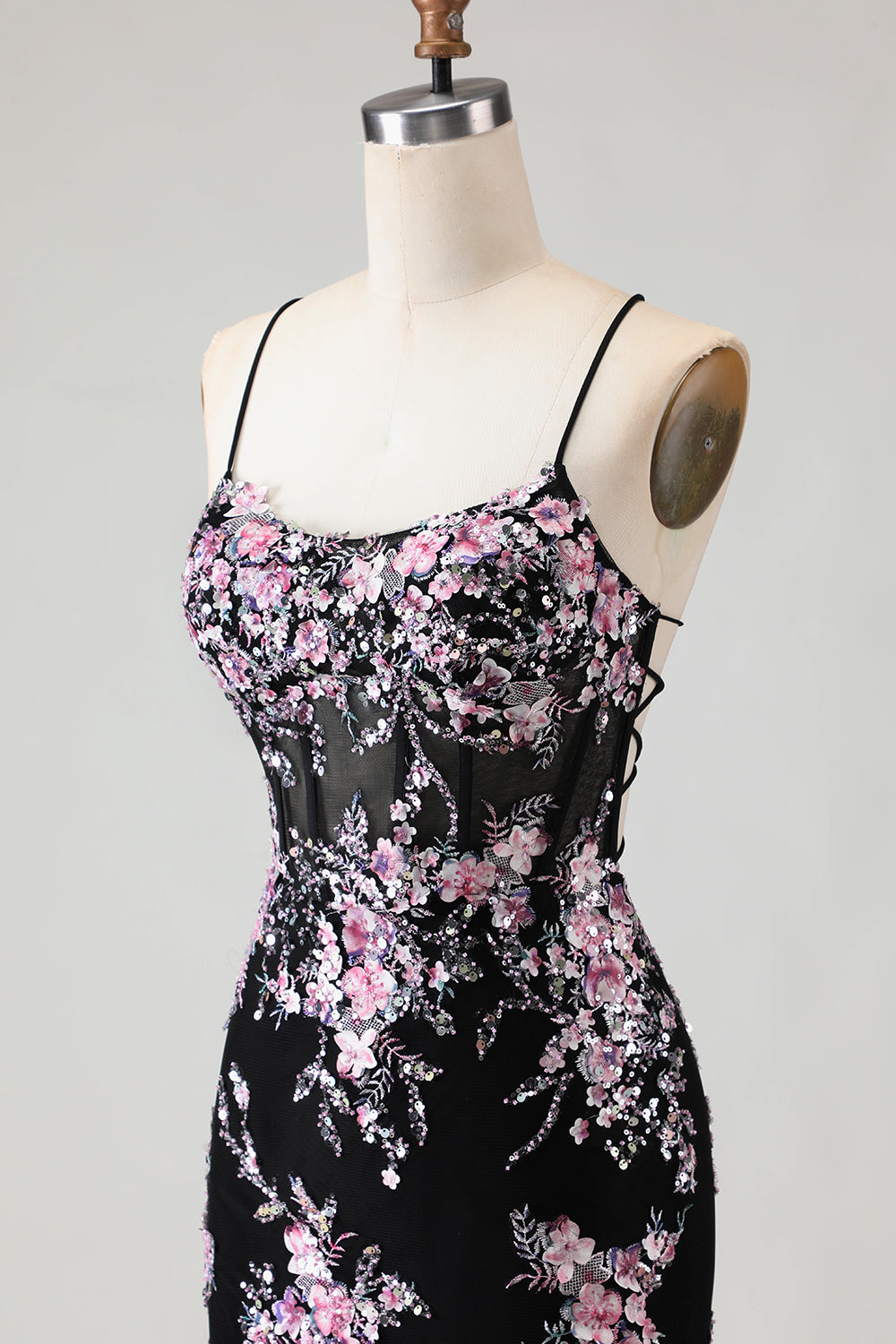 Sparkly Black and Pink Floral Mermaid Beaded Long Corset Prom Dress