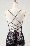 Sparkly Black and Pink Floral Mermaid Beaded Long Corset Prom Dress