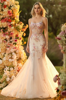 Sparkly Floral White Pink Mermaid Tulle Long Corset Prom Dress with Beading