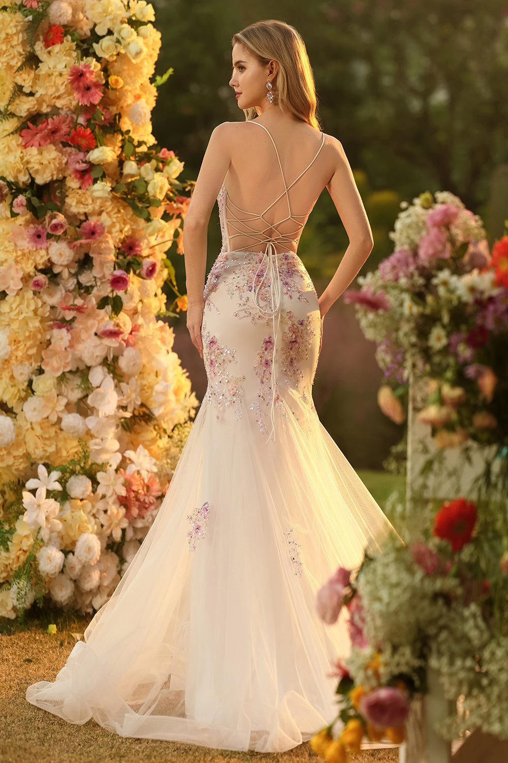 Sparkly Floral White Pink Mermaid Tulle Long Corset Prom Dress with Beading