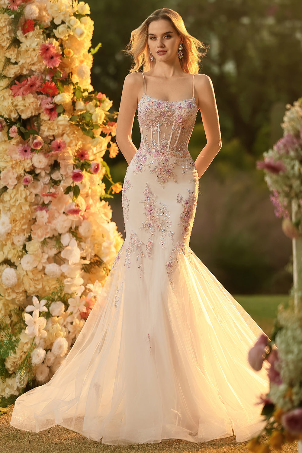 Sparkly Floral White Pink Mermaid Tulle Long Corset Prom Dress with Beading