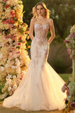 Sparkly Floral White Pink Mermaid Tulle Long Corset Prom Dress with Beading