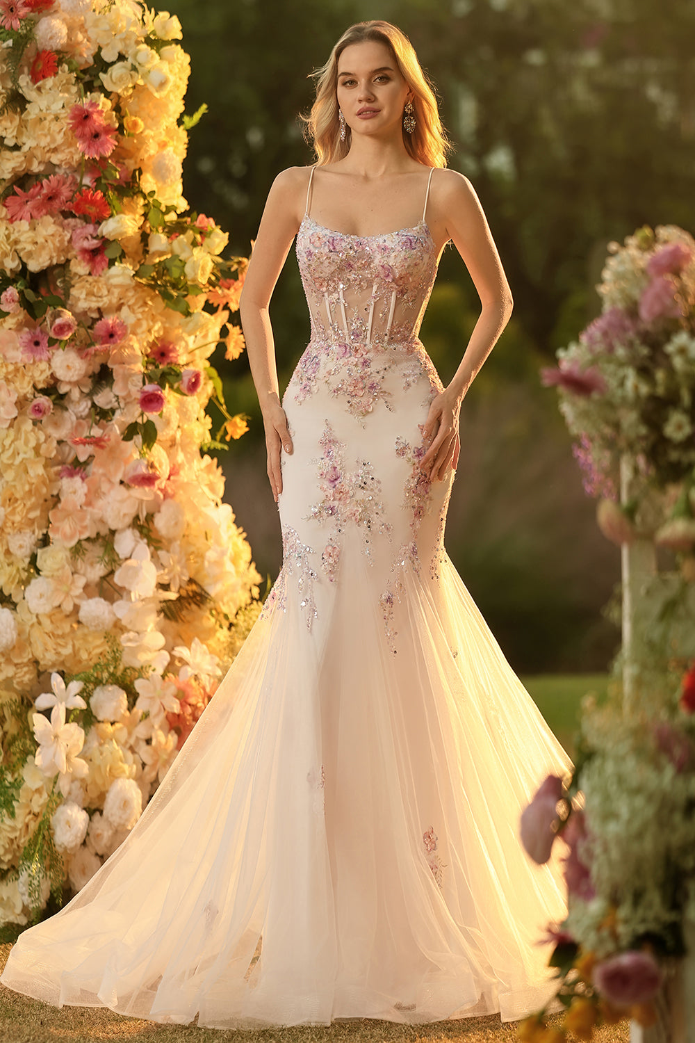 Sparkly Floral White Pink Mermaid Tulle Long Corset Prom Dress with Beading