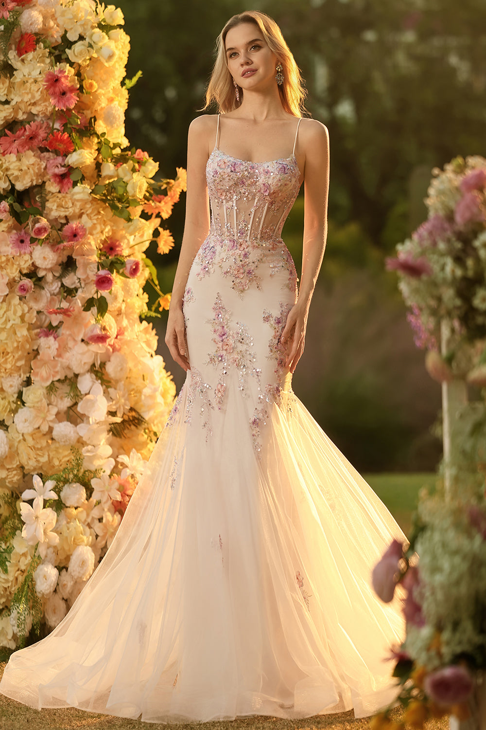 Sparkly Floral White Pink Mermaid Tulle Long Corset Prom Dress with Beading