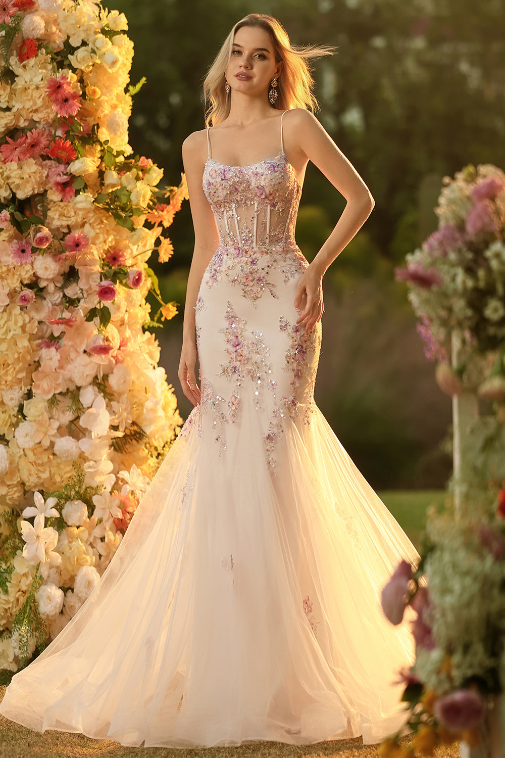 Sparkly Floral White Pink Mermaid Tulle Long Corset Prom Dress with Beading