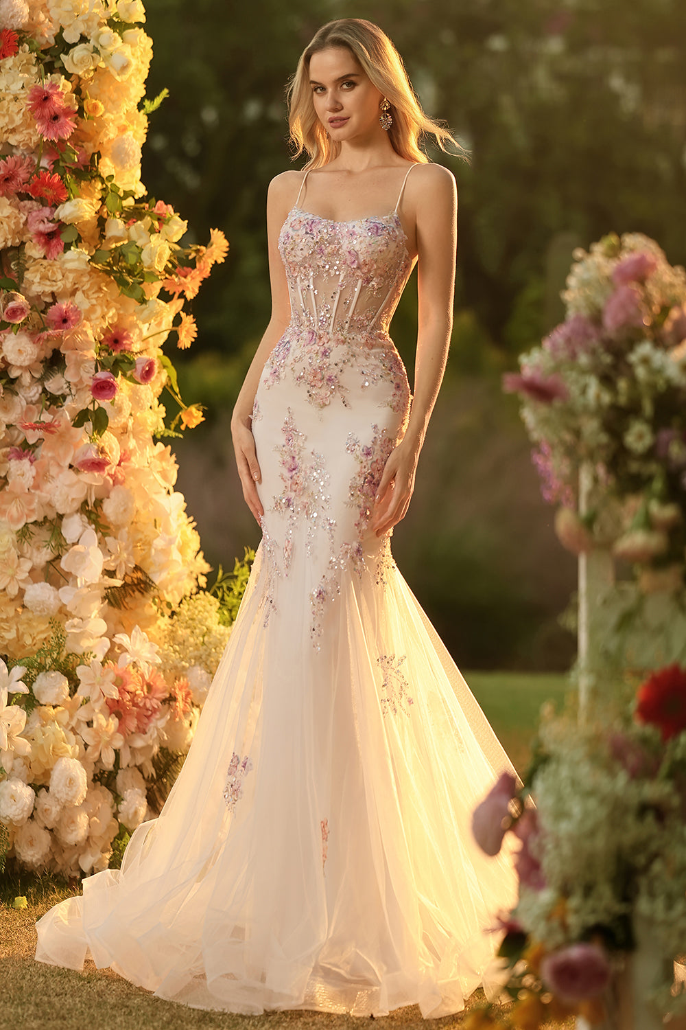 Sparkly Floral White Pink Mermaid Tulle Long Corset Prom Dress with Beading