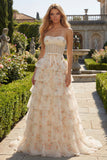 Floral Yellow and Blue Ruffled Sweetheart Long Corset Prom Dress
