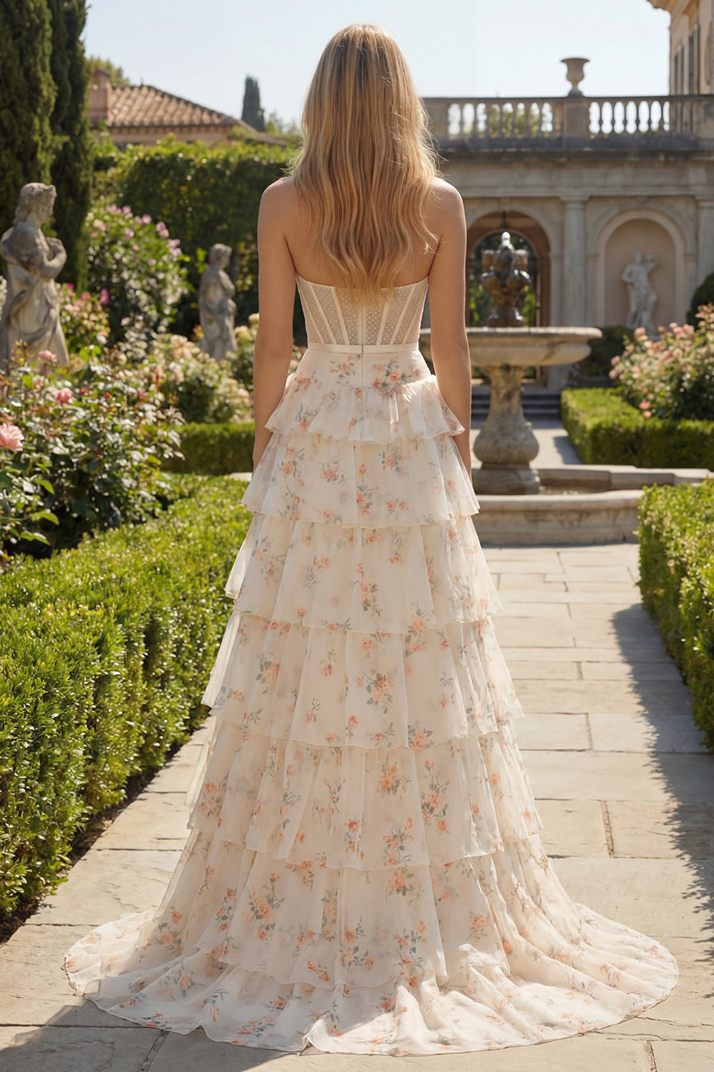 Floral Yellow and Blue Ruffled Sweetheart Long Corset Prom Dress