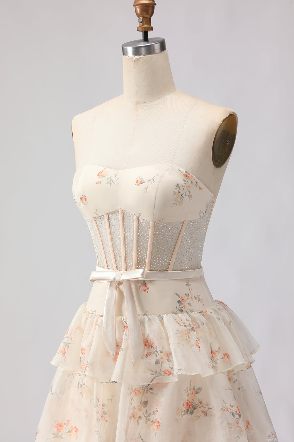 Floral Yellow and Blue Ruffled Sweetheart Long Corset Prom Dress