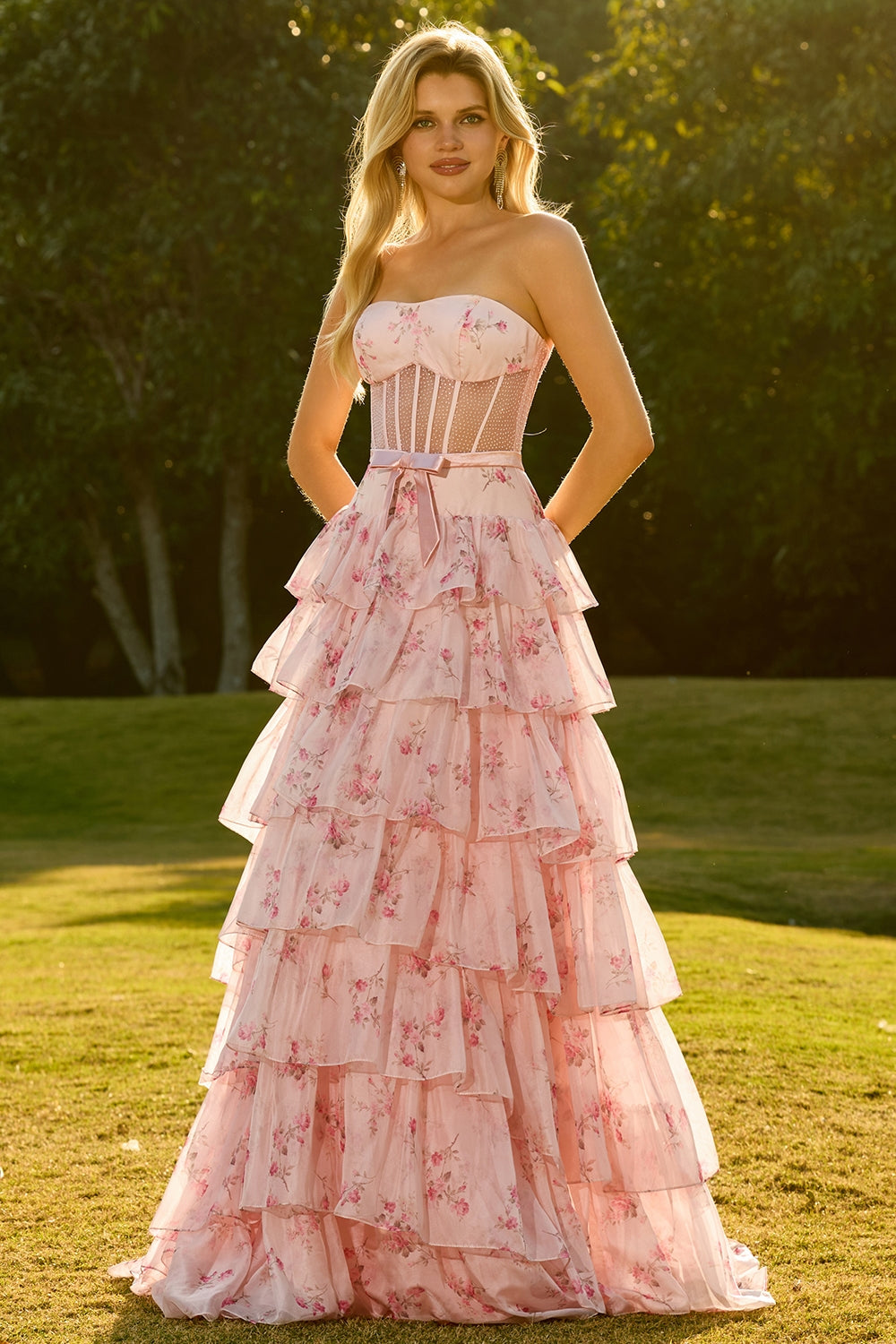 Zapaka Women Yellow Blue Flower Long Prom Dress with Slit A Line Strapless Corset Tiered Ruffle Chiffon Formal Dress with Lace Up Back, Pink Red