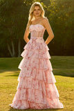 Floral Yellow and Blue Ruffled Sweetheart Long Corset Prom Dress