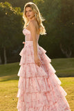 Floral Yellow and Blue Ruffled Sweetheart Long Corset Prom Dress